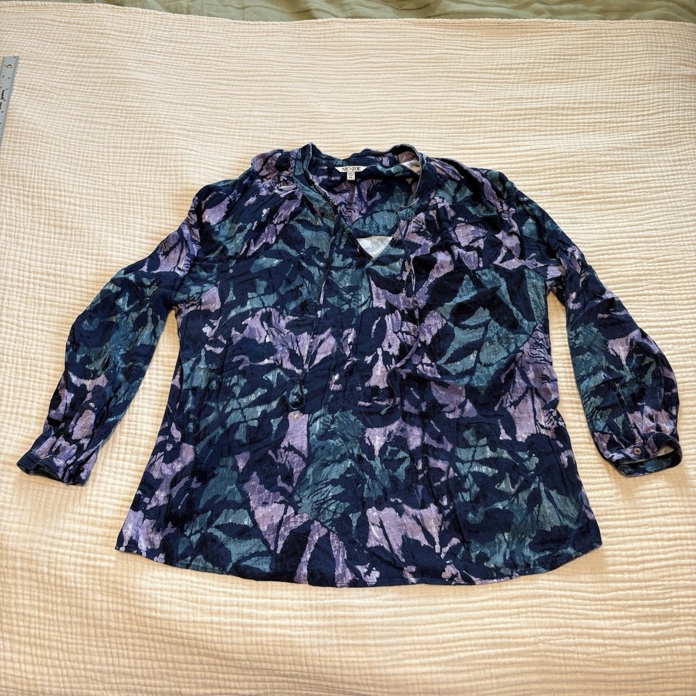 Nic+Zoe Blouse Tie Neck Long Sleeve Indigo Vines Live In Top Sz XL Artsy Vibrant